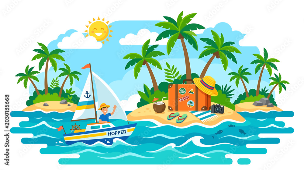 Obraz premium Tropical island scene with a sailboat approaching a hut under sunny skies and palm trees.