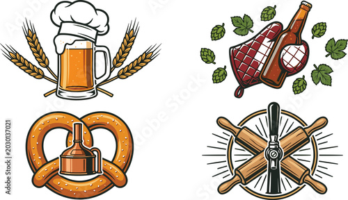 Photos Oktoberfest and brewery emblem vector set featuring beer mugs, hops ingredients,