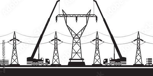 Building of electrical transmission line  - vector illustration