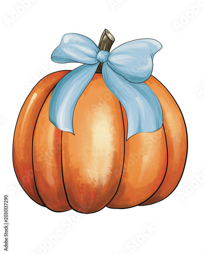Hand painted watercolor illustration of a cute orange pumpkin decorated with a pastel blue bow. Cozy autumn harvest clipart isolated on white background, perfect for seasonal designs, fall invitations