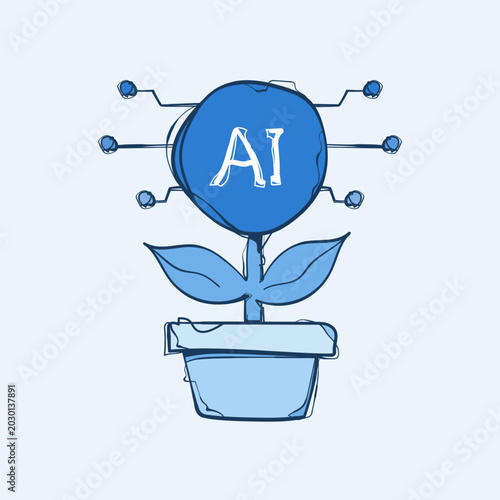 Schilderij op canvas Hand Drawn AI Plant Flower Pot Growth Blue Sketch Vector Icon Technology Develop