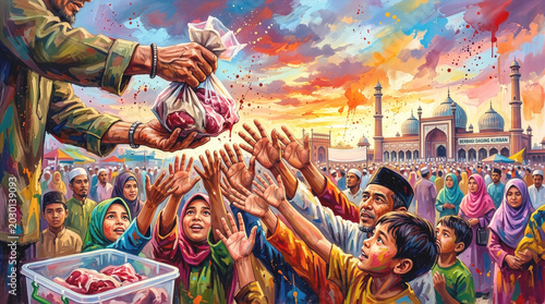 Colorful illustration of Muslim community receiving Qurban meat distribution during Eid al-Adha festival with mosque background, Islamic charity concept