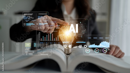 Konstfotografi Innovative Concepts with Artificial Intelligence Lightbulb on Open Book with Data Analytics and Digital Graphs Representing Future Technology Ideas Fluxor