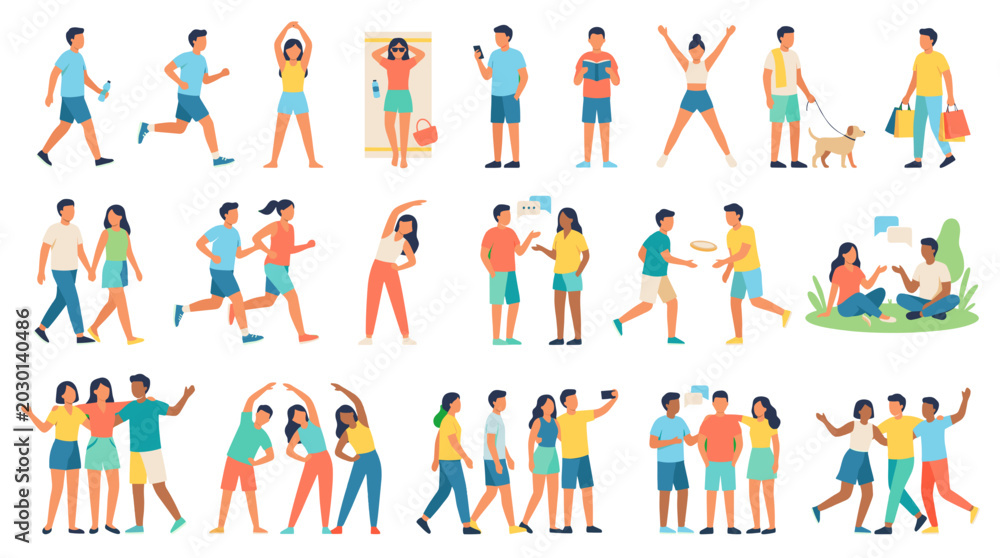 Fototapeta premium A vibrant collection of diverse people engaging in various outdoor activities and social interactions, showcasing a healthy and active lifestyle.