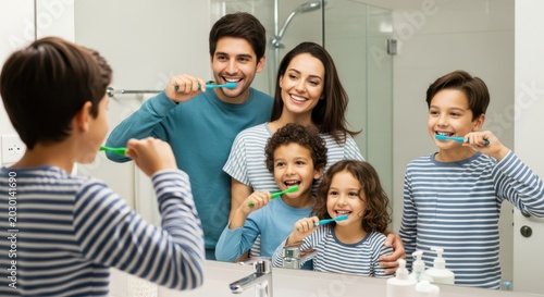 Happy family brushing teeth together in the bathroom during morning routine