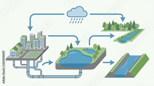 Illustration depicting the water cycle's journey from clouds and rain to urban areas, lakes, and rivers, showing groundwater and runoff processes
