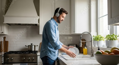 Man wearing headphones washes dishes in a modern kitchen, making chores enjoyable with music