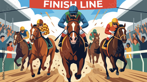 Multiple jockeys and horses sprinting across the finish line at a racetrack, with a cheering stadium crowd in the background, thrilling front facing vector illustration.