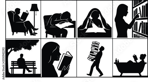 Konstfotografi Set of eight black and white silhouette depicting people engaged in various read