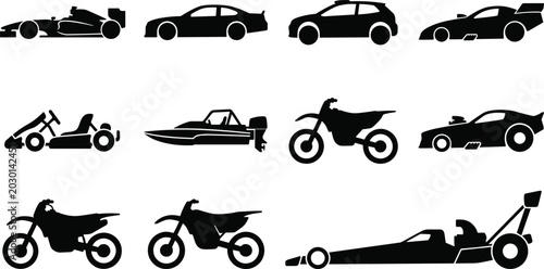 Tableau sur toile Collection of black silhouette featuring various vehicles including race cars, m