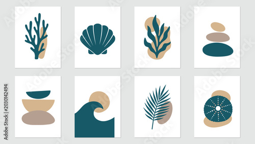 Photography Set of eight minimalist wall prints featuring sea life like coral, seashells, pa