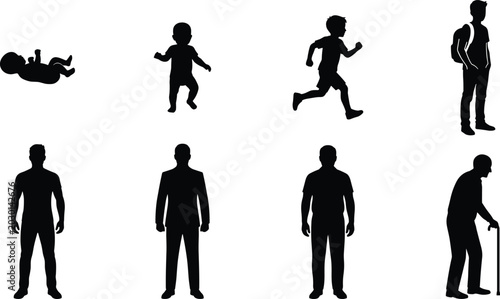 Photos Set of black silhouettes showing human life stages from infancy to old age, incl