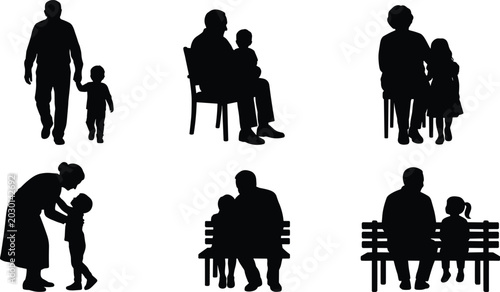 Bild auf Leinwand Collection of black silhouettes showing grandparents interacting with grandchild