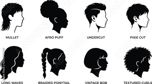 Cuadro en lienzo Educational chart of eight black silhouettes showing different hairstyles with l