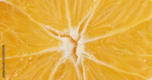 Macro top view close-up shot of fresh round orange slice rotating slowly. The vibrant orange citrus fruit slice spins smoothly, showcasing its juicy pulp segments