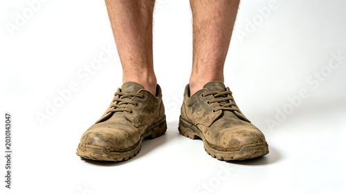 Close up of a man wearing dirty, mud-stained brown leather work shoes on white background.