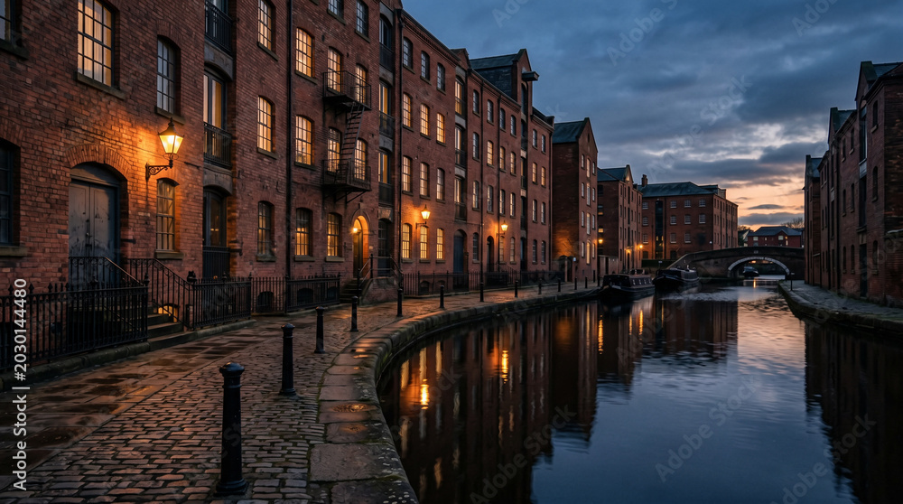 Obraz premium Historic red brick warehouse district beside quiet canal shines under moody dusk lighting for background
