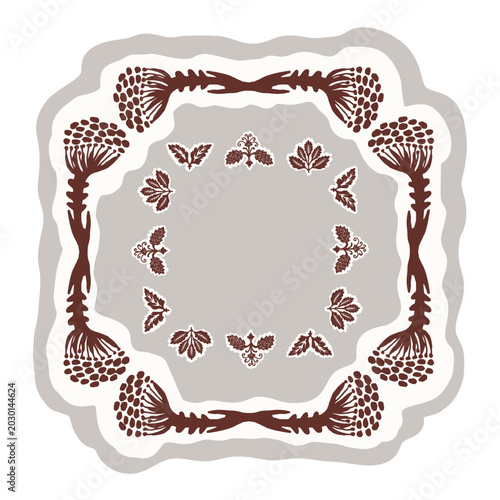 Hand drawn folk art greeting card frame motif. Flat isolated on white background vector illustration. Botanical scandi autumn fall nature design border ornament. Quirky framed childish flourish object