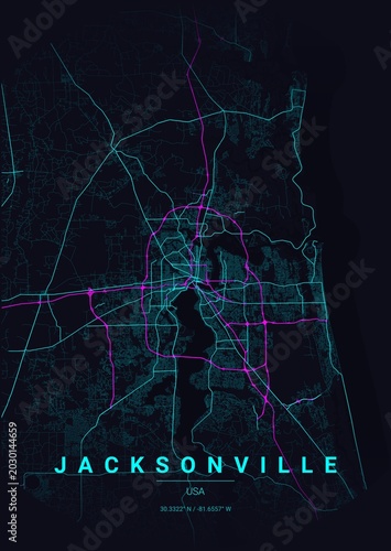 Foto Modern Jacksonville City Map Poster Design, Neon Cyberpunk Style Urban Street Gr