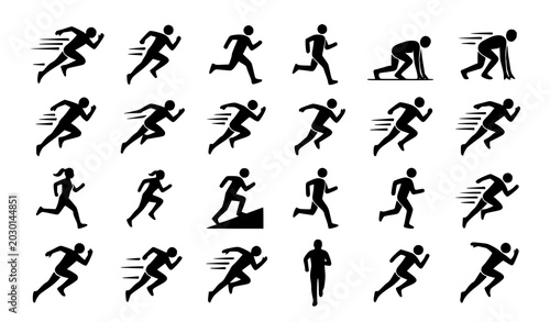 фотографія Running man vector icon set with flat black athletic motion symbols on transpare