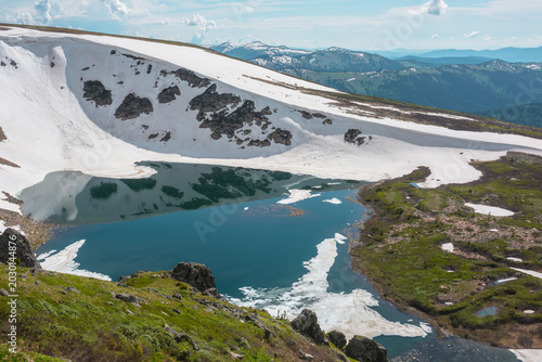 Scenic sunlit landscape with alpine lake in rocky snowy cirque near stone hil...