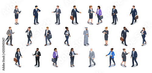 Bild auf Leinwand Isometric business people set featuring diverse corporate professionals walking