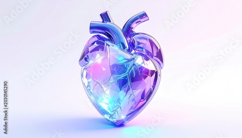 A shimmering, faceted heart sculpted from iridescent crystal