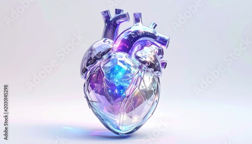 Crystalline heart sculpture with iridescent interior glows, abstract