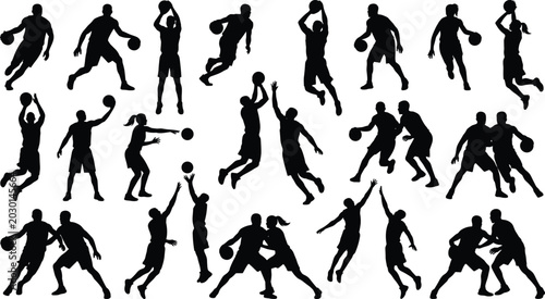 Tableau sur toile Basketball players black silhouette icons set featuring male and female athletes