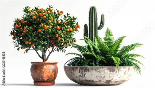 Lush potted citrus tree with ripe fruit beside desert cacti and ferns