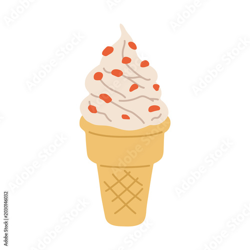 Cute vanilla ice cream cone with strawberry topping in flat vector style. Sweet dessert illustration isolated on light background for kids products.