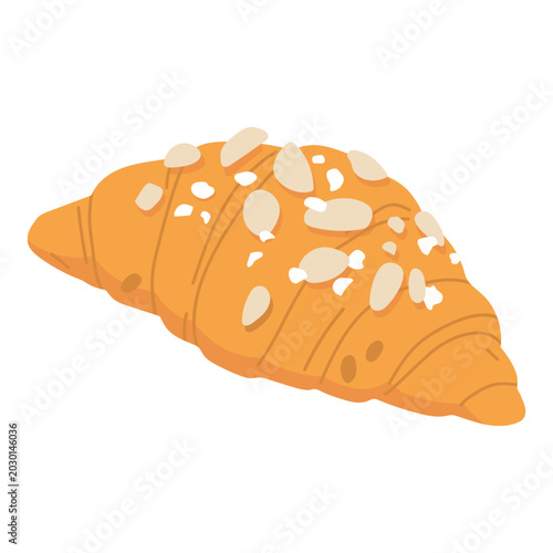 Cute croissant with icing and almond flakes in flat vector style. Sweet bakery illustration isolated on light background for kids design and food packaging.