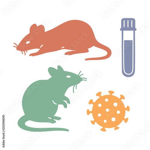 Flat vector illustration with rats, virus icon and test tube. Medical and scientific concept inspired by hantavirus research and rodent disease awareness.
