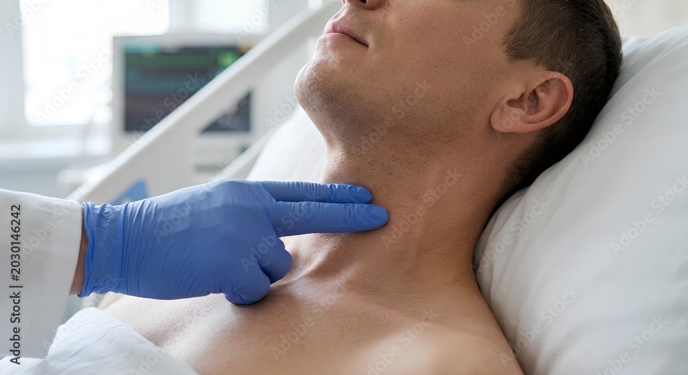 Naklejka premium Medical macro shot of a physician gently pressing on the scm muscle during a thyroid or lymph node exam, perfect for clinical skills training, primary care, and otolaryngology content