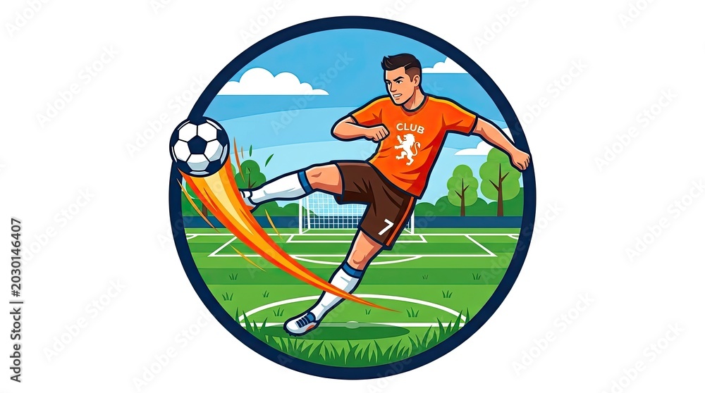Fototapeta premium Circular logo badge featuring a professional soccer player kicking.