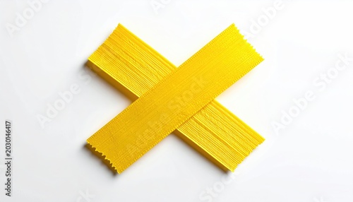 Two yellow tape strips form a crossing on a white background