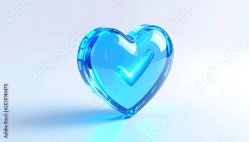 A transparent blue heart shape with a checkmark inside, against a white background
