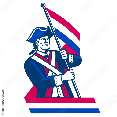 Retro logo style illustration showing an American patriot continental, rebel or minuteman holding and waving red white and blue ribbon flag on isolated white background.