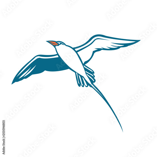 Bild auf Leinwand Retro logo style illustration of red-billed tropicbird or Phaethon aethereus related to seabird of tropical oceans resembling a tern flying on isolated background
