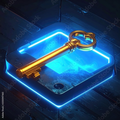 Gleaming golden key rests on a glowing blue geometric platform