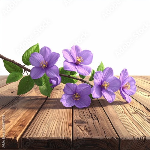 Delicate purple blossoms cascade across a rustic wooden surface