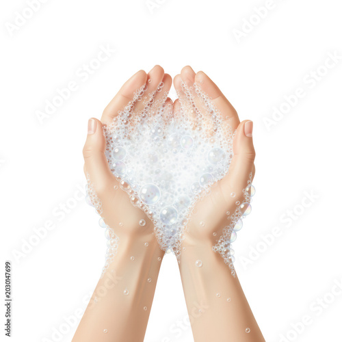 Three adult hands cupped together covered in rich thick white soap bubbles with iridescent foam against a transparent background, concept of personal hygiene