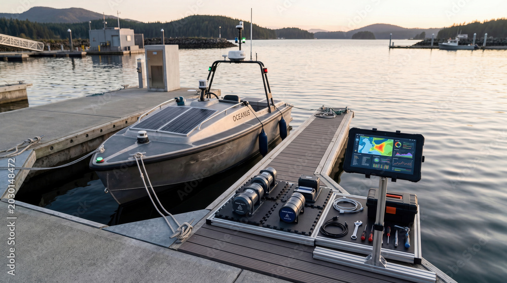 Fototapeta premium Autonomous coral survey boat at coastal research dock