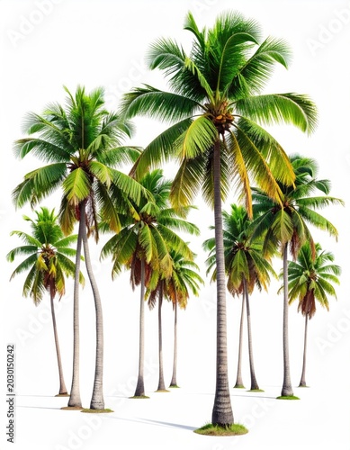Lush tropical palm trees with green fronds and brown trunks