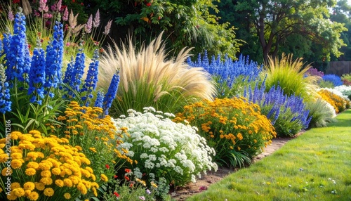 Vibrant garden border overflows with lush blooms and ornamental grasses