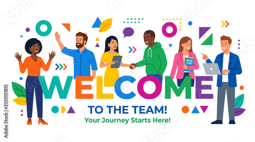 Diverse group of people welcoming new team members with laptops
