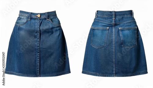 blue denim a line skirt with button closure and pockets front and back view isolated on white