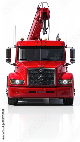 Bright red tow truck with an extended crane arm, ready for duty