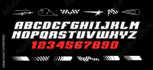 Sports style white letters and red bold numbers italic typography, racing car livery decals, sport elements, fitness and gym branding design - editable vector template
