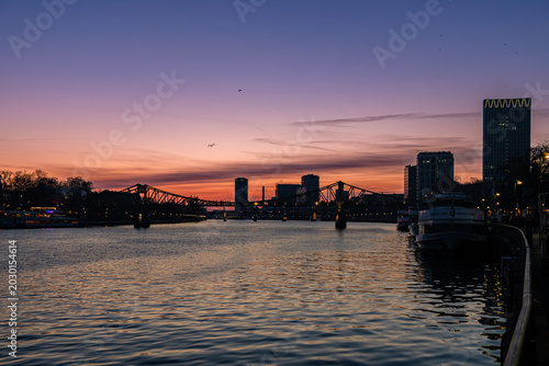 Frankfurt Skyline at Red Winter Sunset Over the Main River